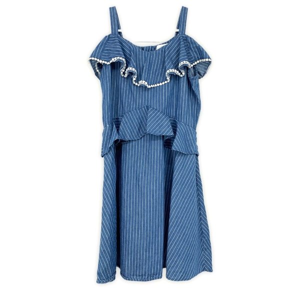 BCBGirls Dress Blue White Stripe Cold Shoulder Ruffle - Picture 4 of 11